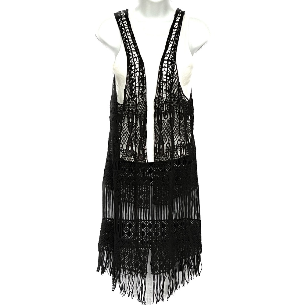 Vest Fringe Crochet Cottagecore Boho Hippie Size M Black Open Long